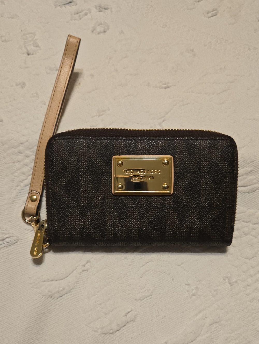 Michael Kors Brown and Beige Signature Wristlet with Gold Plate